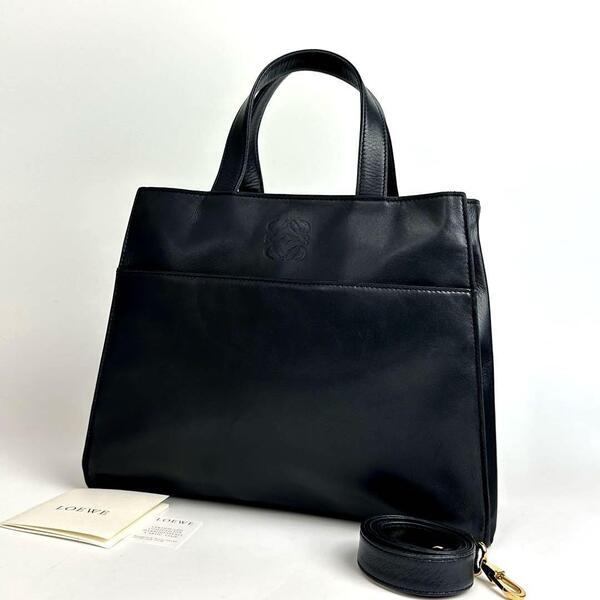 美品●LOEWE ロエベ ハンドバッグ 2way ショルダーバッグ アナグラム ロゴ型押し 肩掛け ナッパレザー 黒系 濃紺 ダークネイビー 男女兼用
