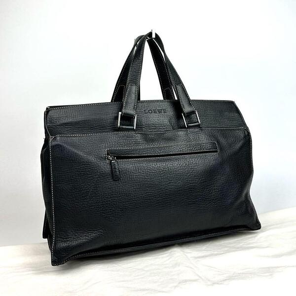 美品●LOEWE ロエベ ハンドバッグ ロゴ型押し シルバー金具 トートバッグ ステッチ 裏地総柄 シボ革 レザー 黒 ブラック フォーマル 男女兼