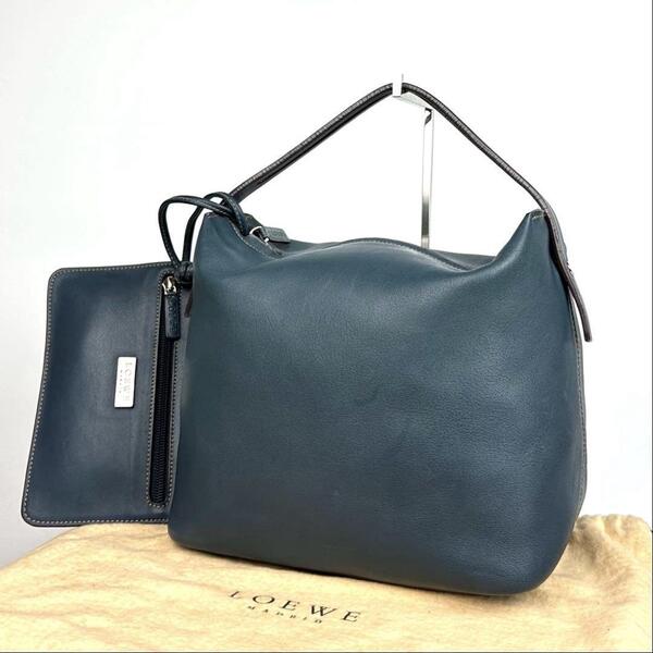 美品●LOEWE ロエベ ハンドバッグ ロゴ型押し シルバー金具 ミニボストン ステッチ カーフレザー 紺 ネイビー フォーマル 男女兼用 ポーチ
