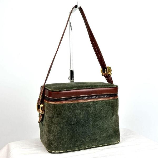 人気●LOEWE ロエベ バニティ ハンドバッグ アナグラム ロゴ型押し ステッチ レザー スエード バイカラー 深緑 茶色 フォーマル 男女兼用