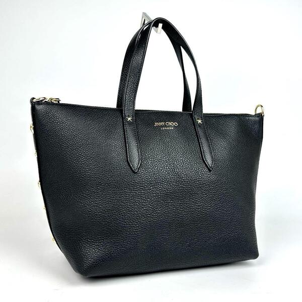 美品●JIMMY CHOO ジミーチュウ ハンドバッグ スター スタッズ 星 ゴールド金具 ブリア トートバッグ シボ革 レザー 黒色 ブラック 人気