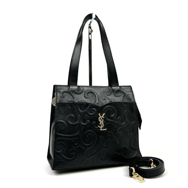 美品■Yves Saint Laurent イヴサンローラン トートバッグ 2way YSL カサンドラ 唐草 総柄 ショルダーバッグ 斜め掛け レザー 黒 ブラック