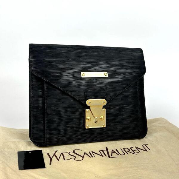 【美品】Yves Saint Laurent イヴサンローラン クラッチバッグ 裏地総柄 キー ハンドバッグ エピ レザー ブラック 黒 フォーマル 男女兼用
