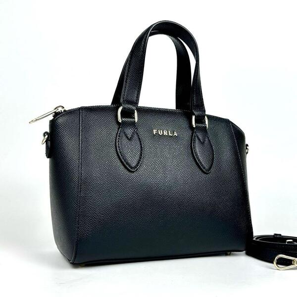 極美品●FURLA フルラ ミネルヴァ ハンドバッグ 2way ショルダーバッグ 斜め掛け シボ革 レザー オニキス ブラック 黒色 フォーマル 現行品