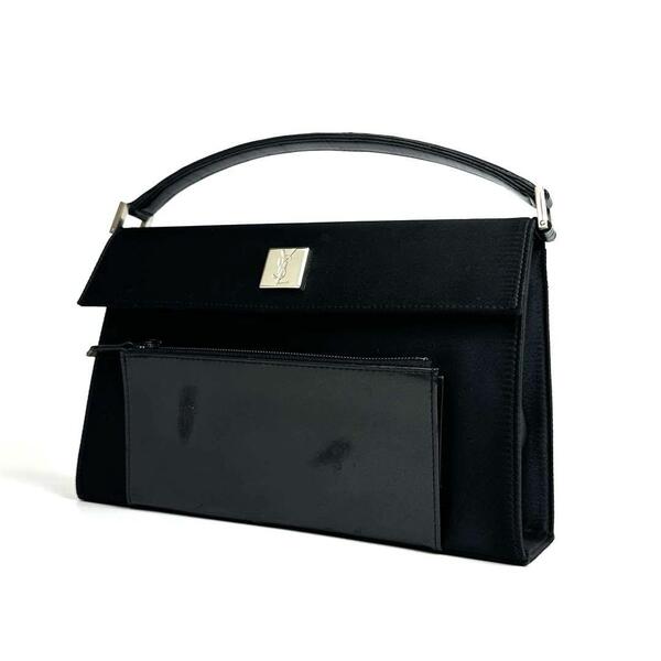 【希少】Yves Saint Laurent イヴサンローラン ハンドバッグ YSL カサンドラ 裏地総柄 サテン パテント レザー 黒色 ブラック フォーマル