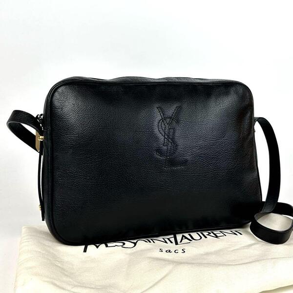 美品■Yves Saint Laurent イヴサンローラン ショルダーバッグ YSL カサンドラ ステッチ 裏地総柄 斜め掛け レザー ブラック 黒 フォーマル