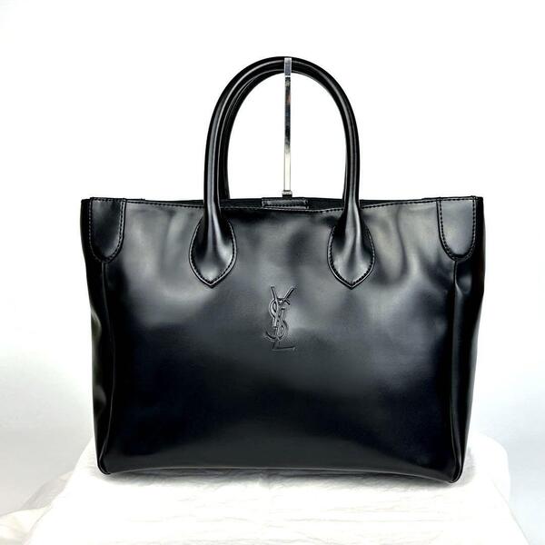 美品■Yves Saint Laurent イヴサンローラン ハンドバッグ YSL カサンドラ ロゴ型押し 裏地総柄 トートバッグ レザー 黒 ブラック 男女兼用