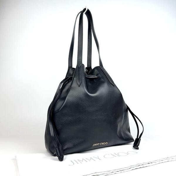 美品●JIMMY CHOO ジミーチュウ BARRA トートバッグ 巾着 ロゴ ハンドバッグ 肩掛け ゴールド金具 レザー 黒 ブラック フォーマル 保存袋付