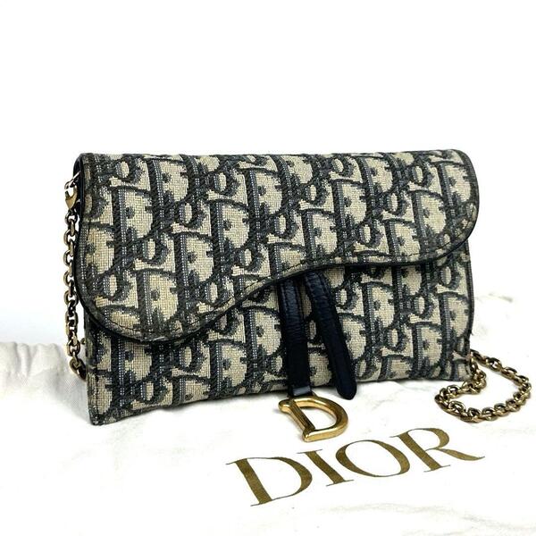 美品■Christian Dior ディオール サドル チェーン ショルダーバッグ ウォレット トロッター 総柄 キャンバス レザー 黒 ブラック ベージュ