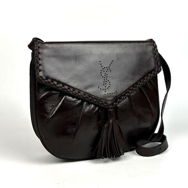 【希少】Yves Saint Laurent イヴサンローラン ショルダーバッグ 2way YSL カサンドラ パンチング フリンジ レザー 焦茶色 ダークブラウン