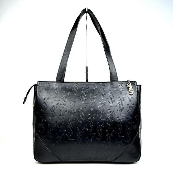 【美品】Yves Saint Laurent イヴサンローラン トートバッグ YSL カサンドラ エンボス 総柄 レザー 黒色 ブラック 男女兼用 フォーマル