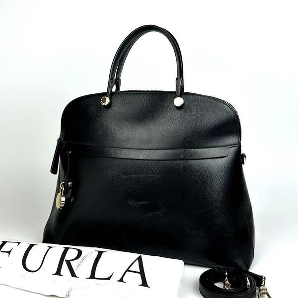 人気●FURLA フルラ PIPER パイパー ハンドバッグ 2way ショルダーバッグ 斜め掛け 南京錠 レザー オニキス ブラック 黒色 フォーマル