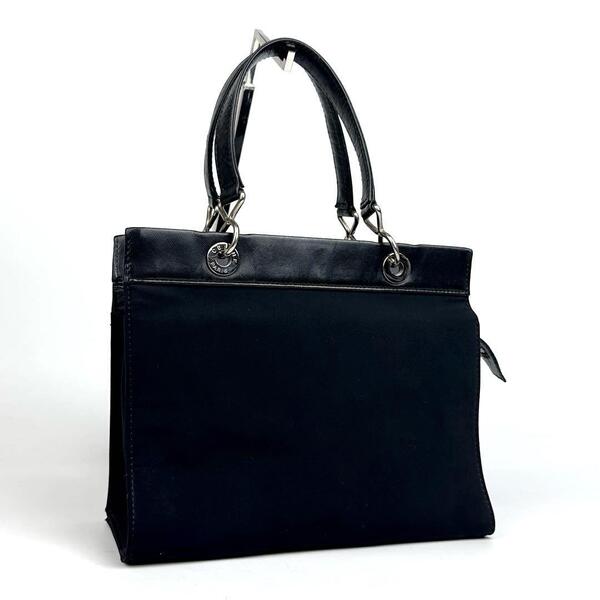 美品■CELINE セリーヌ ハンドバッグ サークル シルバー金具 裏地総柄 ミニ トートバッグ ナイロンキャンバス レザー 黒 ブラック 男女兼用