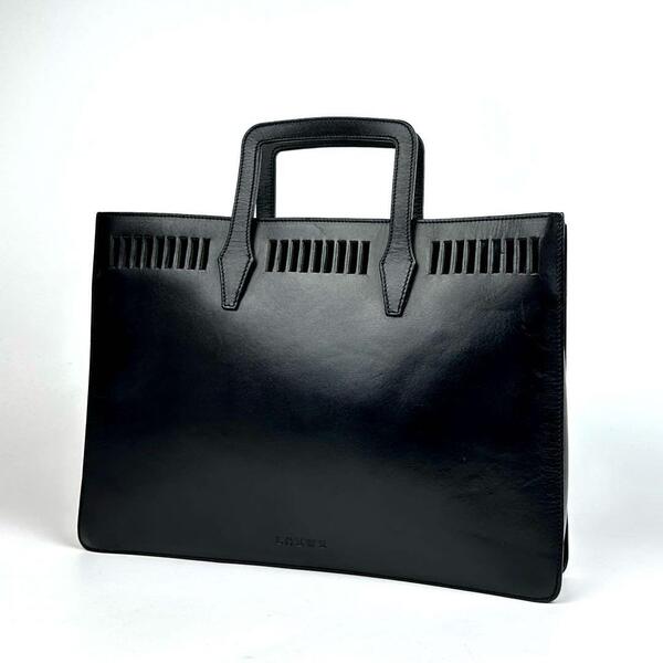 美品●LOEWE ロエベ ハンドバッグ ロゴ型押し パンチング 裏地総柄 アナグラム ミニ トートバッグ レザー 黒 ブラック フォーマル 男女兼用
