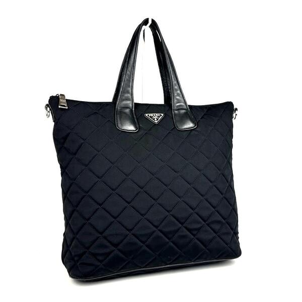 【美品】PRADA プラダ トートバッグ 三角ロゴプレート 白タグ キルティング 裏地総柄 ハンドバッグ ナイロンキャンバス レザー ブラック 黒