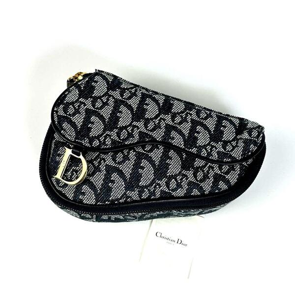 極美品■Christian Dior ディオール ハンドバッグ トロッター 総柄 D金具 ゴールド金具 サドル ポーチ キャンバス 紺 ネイビー フォーマル