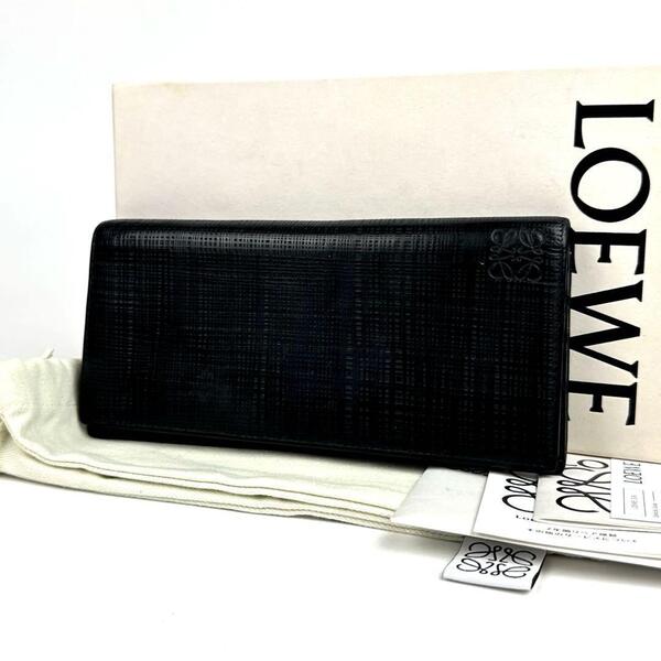 美品●LOEWE ロエベ ホリゾンタル ウォレット アナグラム ロゴ型押し 長財布 フラップ リネン レザー 黒 ブラック フォーマル 男女兼用