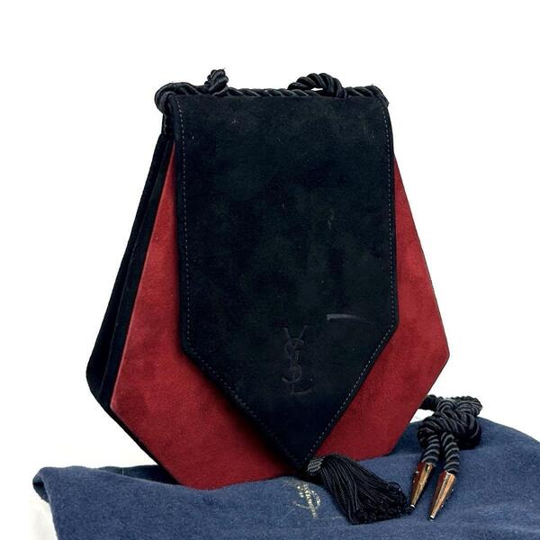 【希少】Yves Saint Laurent イヴサンローラン ショルダーバッグ YSL カサンドラ バイカラー フリンジ スエード 黒 ブラック 赤 レッド
