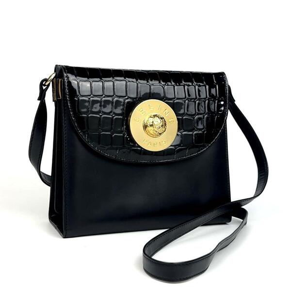 【美品】CELINE セリーヌ ショルダーバッグ スターボール サークル 馬車ロゴ 斜め掛け クロコ レザー 黒色 ブラック フォーマル 男女兼用