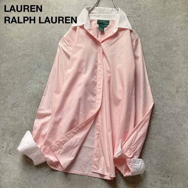 *ローレンラルフローレン クレリックシャツ ホワイトカラー 長袖 ロングスリーブ ロゴ刺繍 コットン ゆったり Mサイズ LAUREN RALPH LAUREN