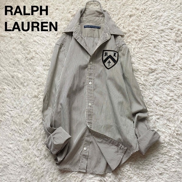 美品 ラルフローレン ストライプシャツ 長袖 ロングスリーブ コットン エンブレム刺繍 9号 Mサイズ アイボリー ブラック RALPH LAUREN