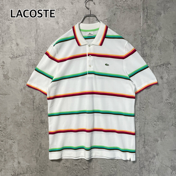 ラコステ LACOSTE 半袖ポロシャツ ボーダー ワニロゴ 刺繍 鹿の子 大きめサイズ5 XLサイズ相当 ホワイト 白
