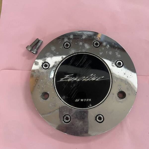 C153-11★メッキ★取り付けボルト付き!WORK EUROLINE/ユーロライン アルミホイール用センターキャップ中古1枚★外径161mm