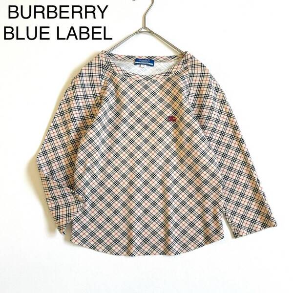yC35 BURBERRY BLUE LABEL 総柄ノバチェック カットソー ホース刺繍 七分丈 バーバリーブルーレーベル