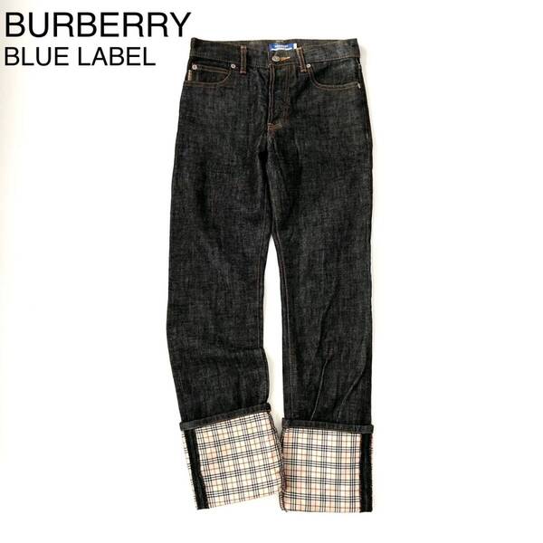 yB18 BURBERRY BLUE LABEL 裏地ノバチェック デニムパンツ ストレート ジーンズ バーバリーブルーレーベル