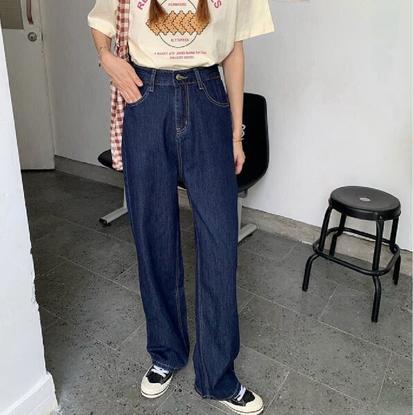 【新品未使用品】 ハイウエスト デニム ワイドパンツ ジーンズ 韓国 レディース ボトムス ストリート オルチャン ブルー L