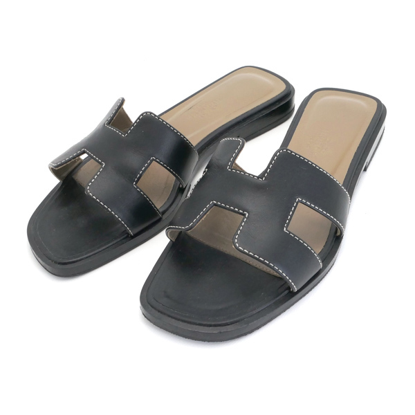 HERMES サンダル 34サイズ オラン カーフレザー ブラック エルメス J