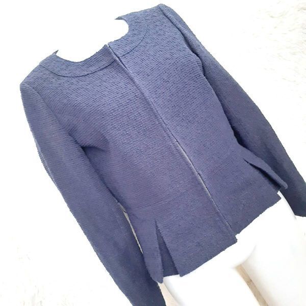 NATURAL BEAUTY BASIC ナチュラルビューティーベーシック ツイード ノーカラー ジャケット 紺 ネイビー M A