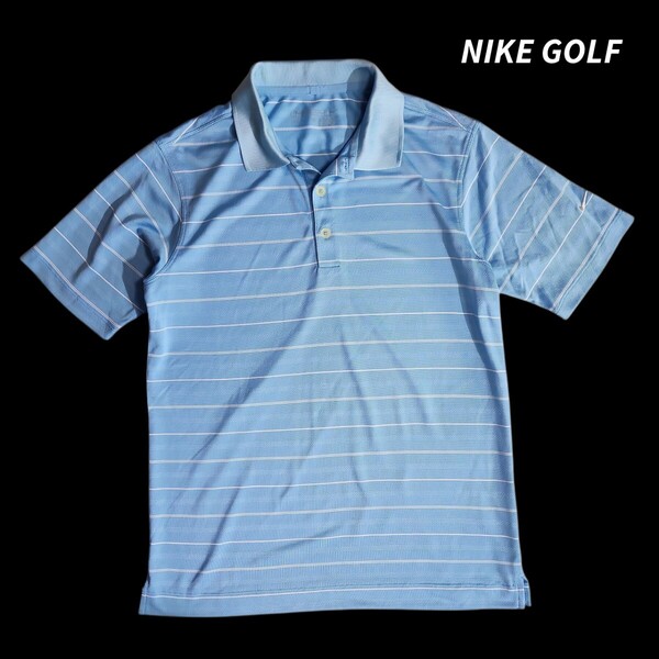 NIKE GOLF 速乾ドライ ボーダー柄 半袖ポロシャツ 表記L 実質M 水色&白 ナイキ ゴルフ 84658