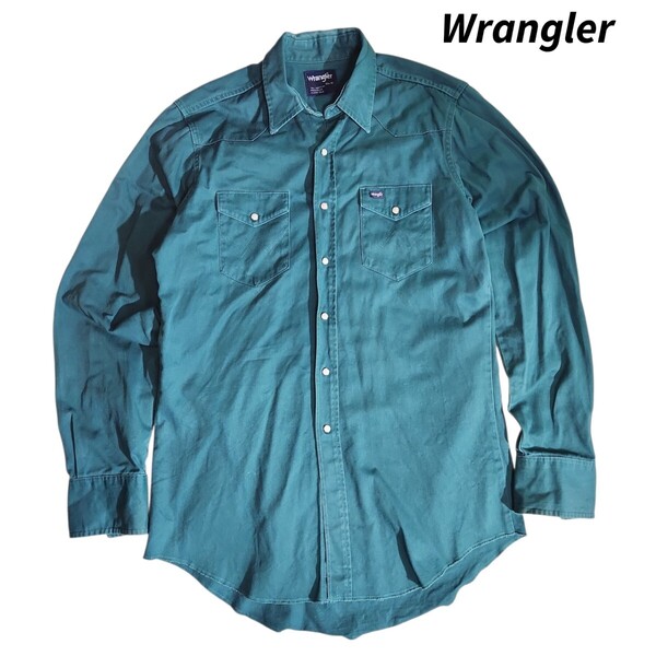 Wrangler コットンツイル 長袖ウエスタンシャツ 青緑ブルーグリーン やや厚手のしっかり生地 84722