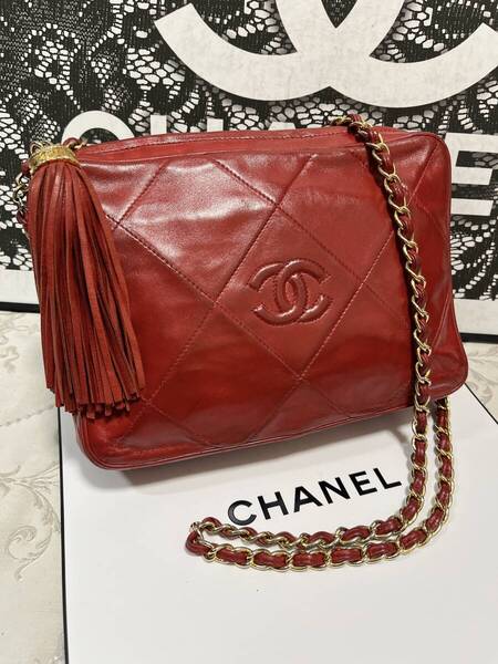 極上美品 CHANEL シャネル ヴィンテージ ショルダー ショルダーバッグ ラムスキン タッセル レッド × ゴールド 032 ◇◆