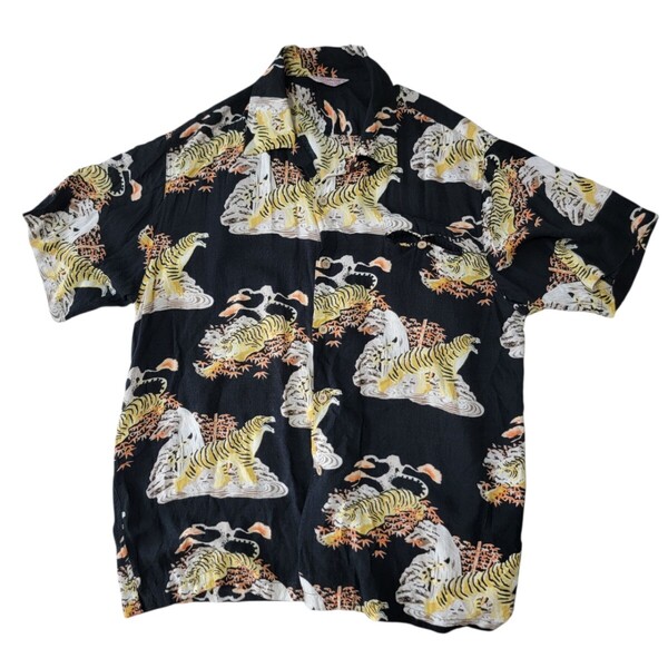 00S Y2K トロピカルウェア Tropical wear 虎 レーヨンシャツ XL アロハシャツ 和柄 レーヨン100% 阪神タイガース オープンカラーシャツ