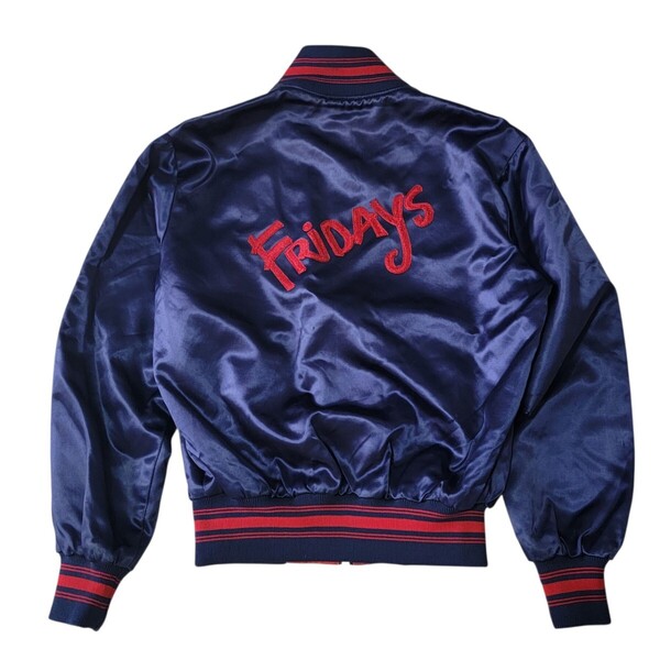 希少 80S VINTAGE ヴィンテージ 上質サテン生地 Bowlers スタジャン Fridays TVクルージャケット ボーリングジャケット M 紺×赤