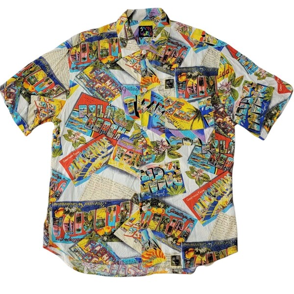 美品 90S USA製 ジャムズワールド JAMS WORLD ジャムス US M (日本サイズL~XL程度) アロハシャツ 総柄 レーヨンシャツ ハワイアンシャツ