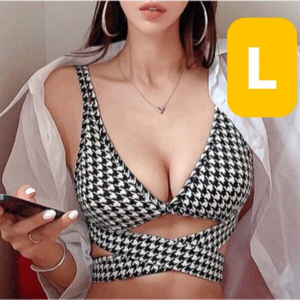 ビキニ クロスデザイン 水着 セパレート 千鳥柄 セクシー トレンド ちどり 海外 旅行 夏 サマー プール イチオシ チェック #白 #黒 #L