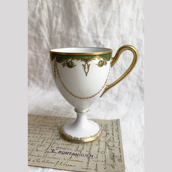 金継ぎ用 フランス 1900-20s Limoges リモージュ パリ 白磁 足付き カップ 金彩 植物 リボン 紅茶 ティー グラス 陶器 骨董 アンティーク