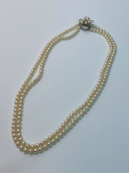 G056 パール 本真珠 2連 ネックレス 金具STERLING刻印 シルバー 約60cm