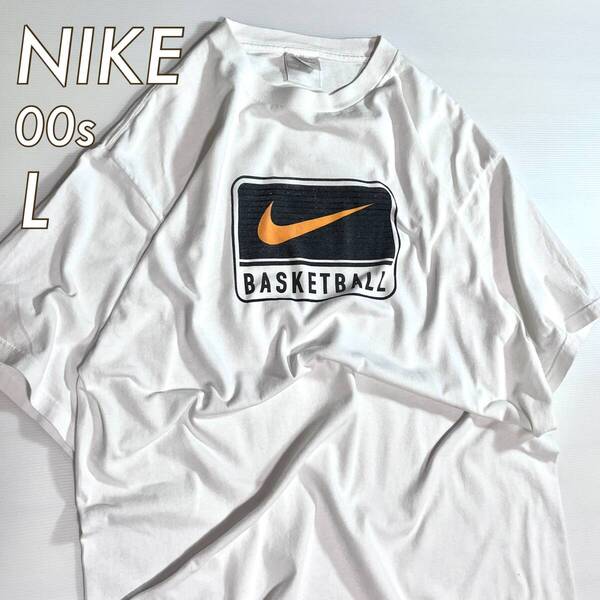 90s 00s NIKE ナイキ L ホワイト BASKETBALL スウォッシュプリント バスケットボール ヘビーウェイト 半袖 Tシャツ 白タグ Y2K p25073267