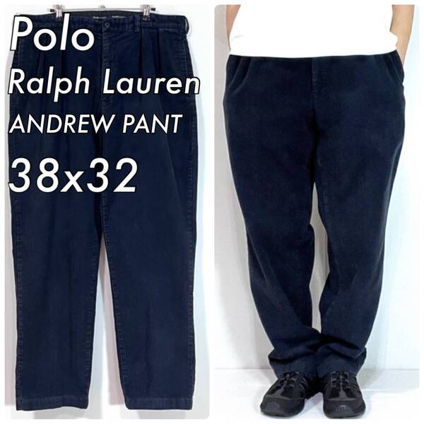 90s Polo Ralph Lauren 38x32 ANDREW PANT ポロラルフローレン ツータック 太畝コーデュロイパンツ アンドリューパンツ ネイビー p25073271