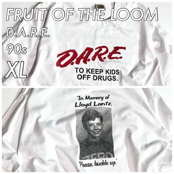 90s Fruit of the Loom XL D.A.R.E. DARE フルーツオブザルーム ダーレ 両面プリント フォト バックプリントTシャツ ホワイト p25073280