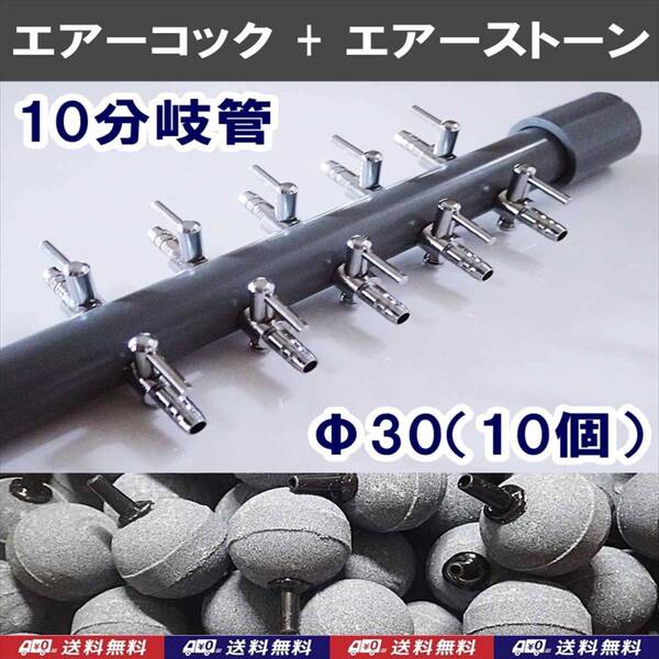 【送料込】ブロワ接続用 エアーコック 10分岐管 + Φ30エアーストーン 10個 一方コック5連2列 金魚・メダカ水槽のエアー分岐に