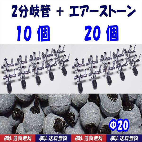 【送料込】エアーコック 2分岐管 10個 + エアーストーン 20個 メダカ水槽のエアー分岐に エアーポンプ圧調整に 一方コック4連