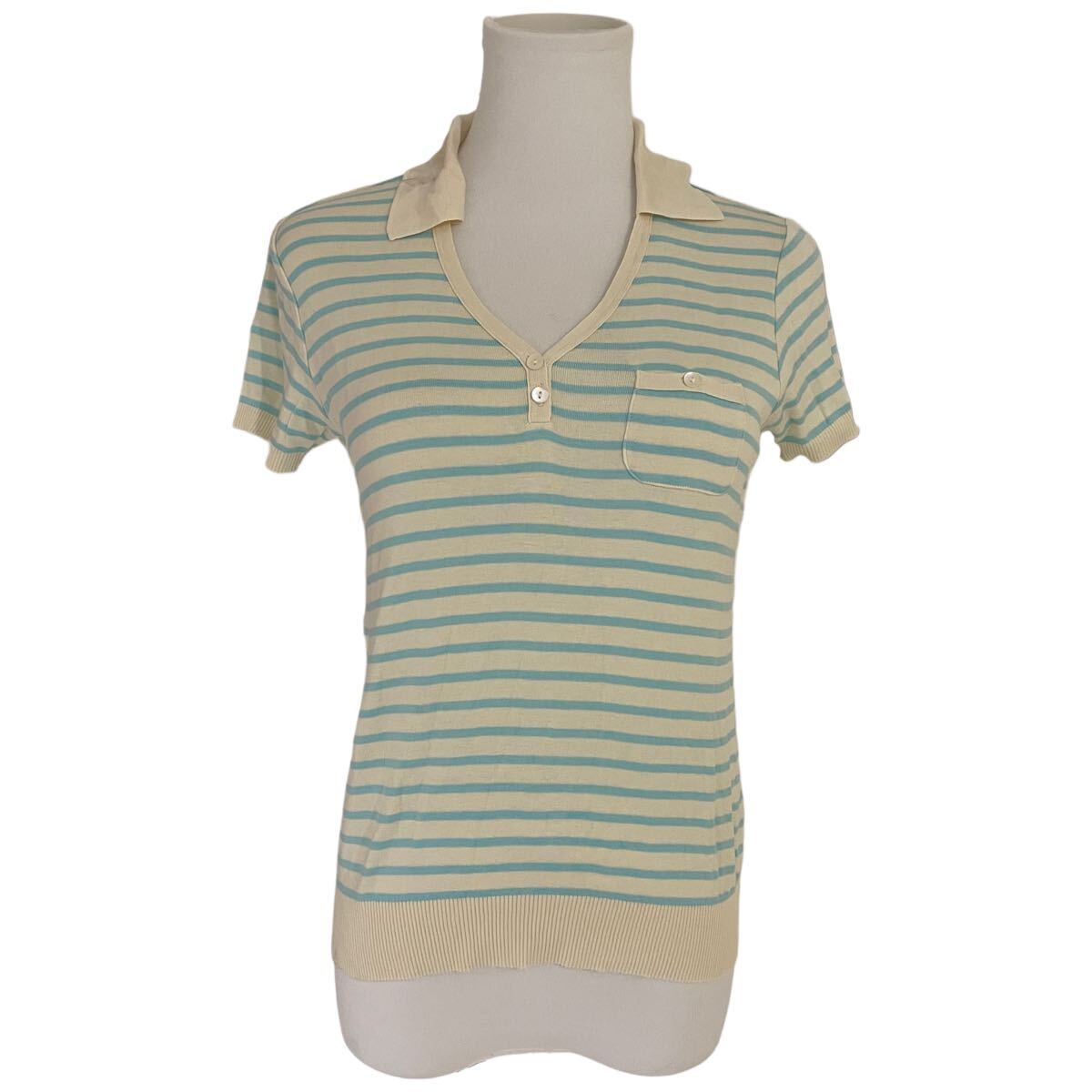 HUMAN WOMAN ヒューマンウーマン【L】レディース　半袖　カットソー　ポロシャツ　ボーダー柄　水色とホワイト　綿100% 送料無料