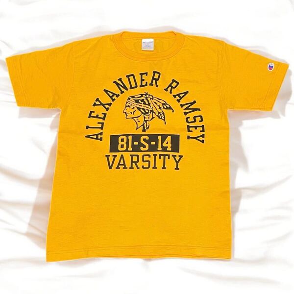 美品 usa製 チャンピオン T1011 4段 Tシャツ 染み込みプリント マスタードイエロー アメリカ製 Champion Tee インディアン アーチロゴ