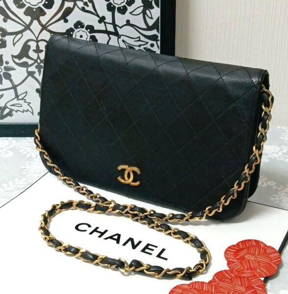 【良品】CHANEL シャネル マトラッセ フルフラップ シングルフラップ プッシュロック チェーンショルダー ラムスキン ブラック