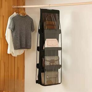 バッグ収納 吊り下げ収納 4段 両面収納 整理整頓 カバン ハンガー式 クローゼット 水洗い可能 カバン収納ラック 黒色
